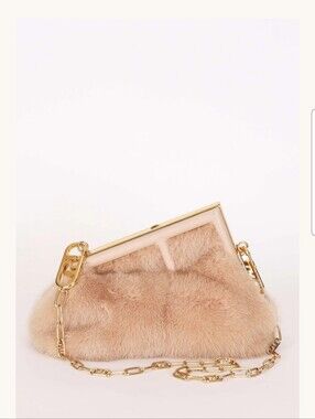 Fendi Real Mink Fur/Leather Clutch/Shoulder Bag Blush Pink/Gold